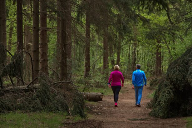 Middle-aged couple walking together on a green forest trail